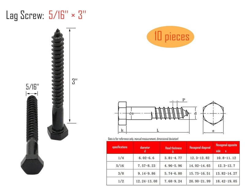 LBY 10pcs Lag Screws, 5/16" x 3" Hex Head Lag Screws Bolts (with Washers), Heavy-Duty Wood Screws for Decking & Structural Fastening, 304 Stainless Steel, (Black) - Image 3